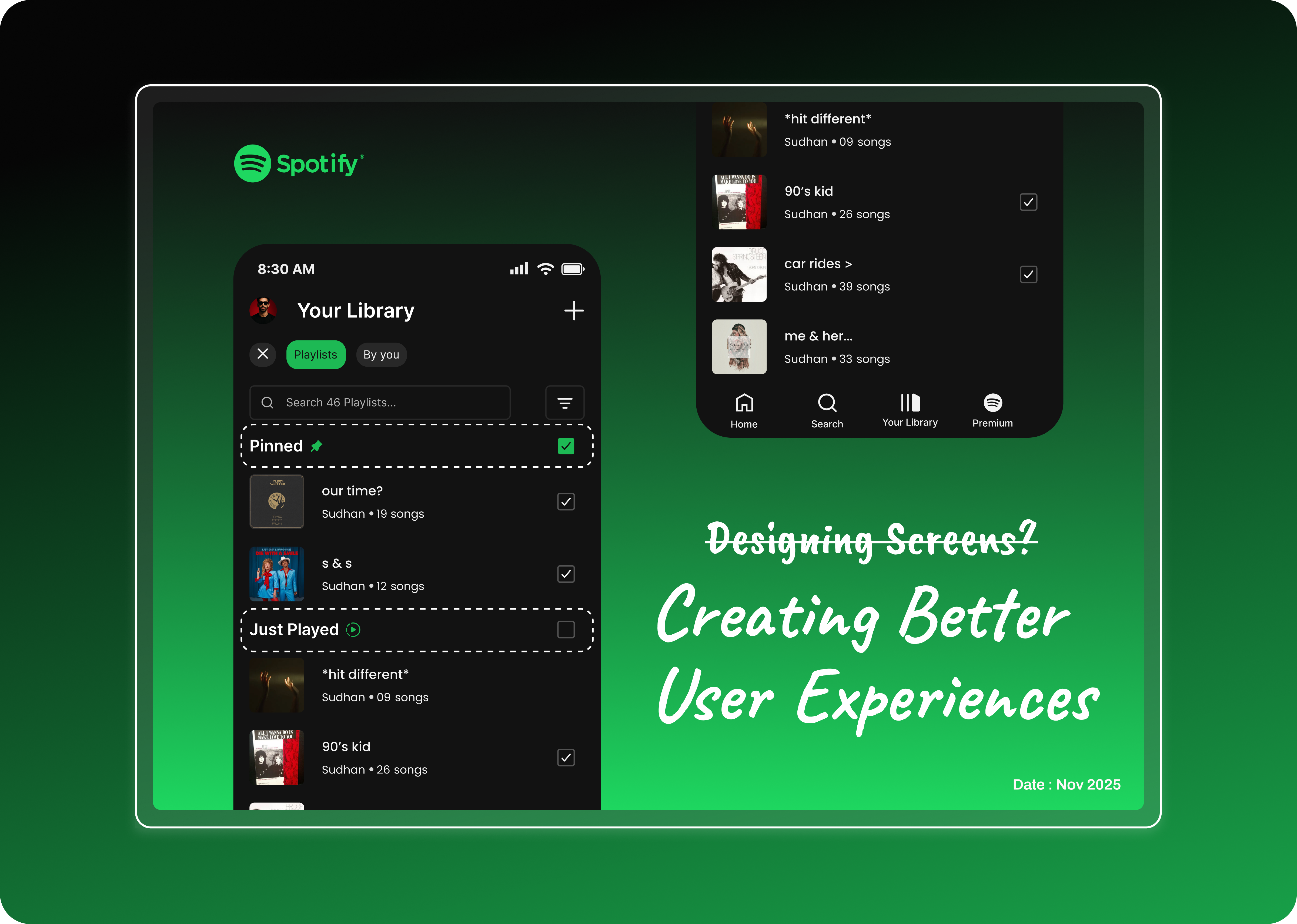 Spotify Library Experience mobile app mockup showing the Your Library screen with pinned and just played playlists